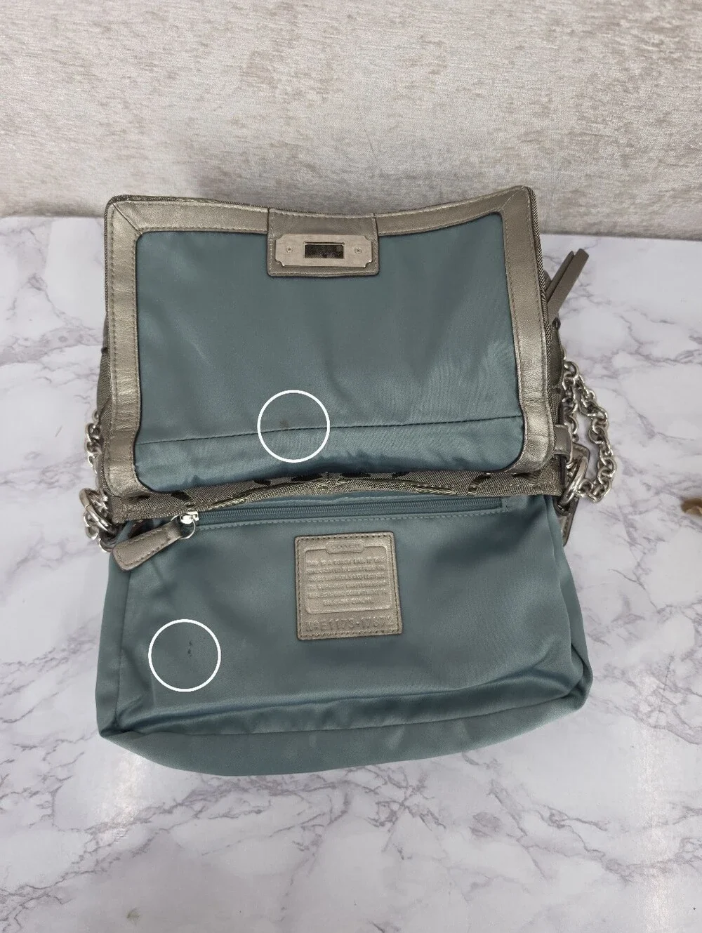 Coach Signature Canvas Jacquard Shoulder Bag in Metallic Pewter Chain Straps